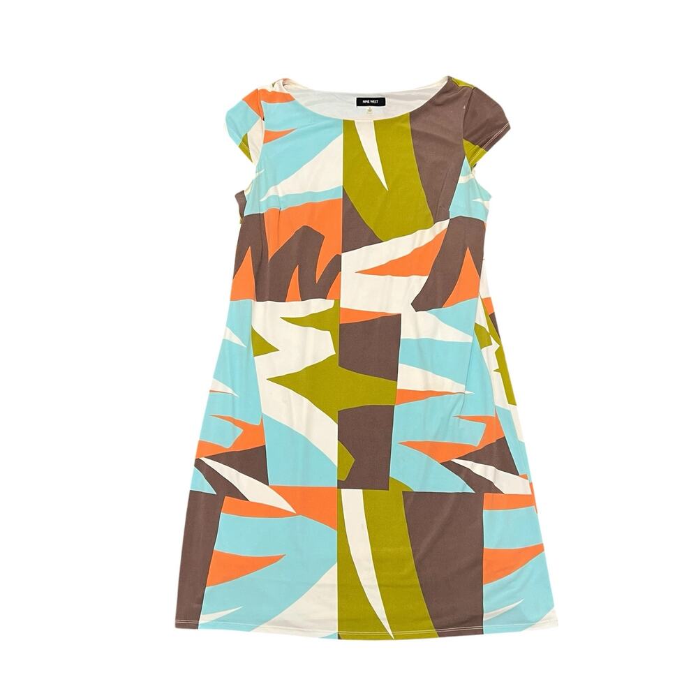 NINE WEST Stretch Jersey Cap Sleeve Shift Dress Abstract Print Size 16